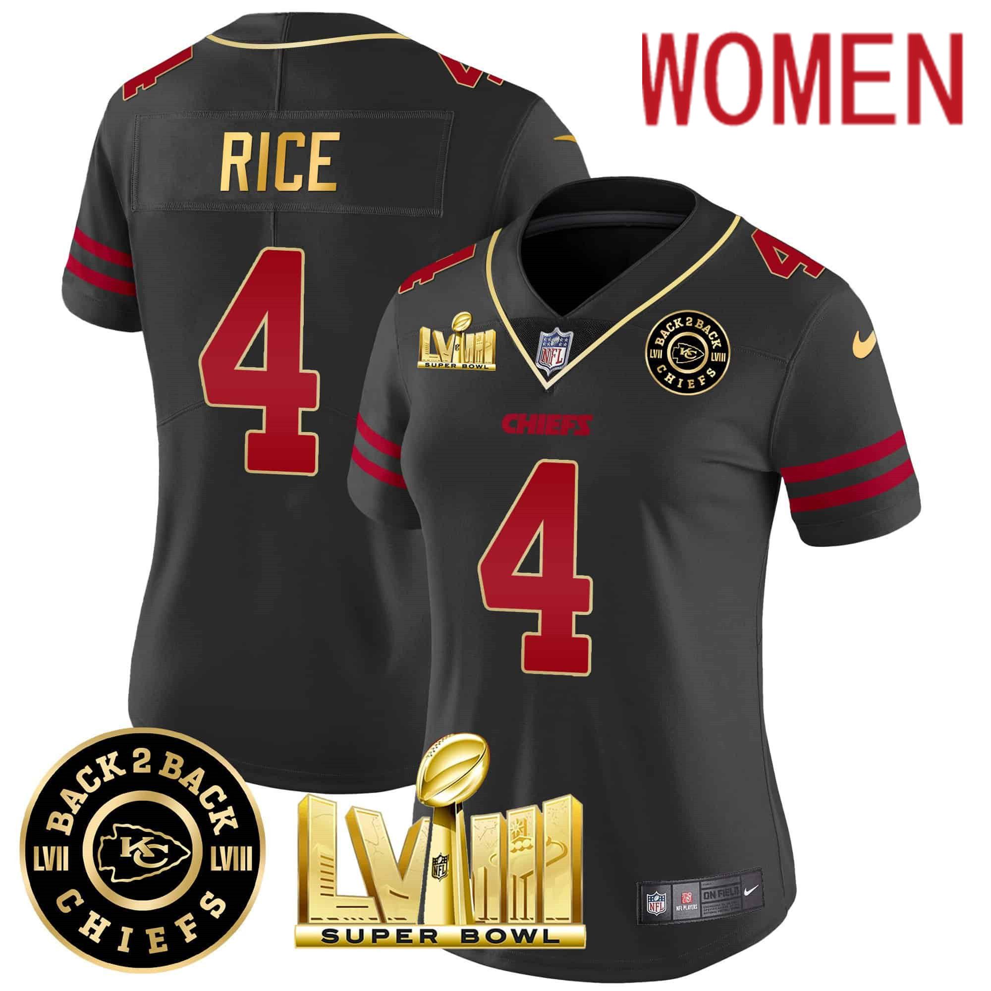 Women Kansas City Chiefs 4 Rice Black 2024 Nike Super Bowl LVIII & Back 2 Back Patch Vapor NFL Jersey style 1